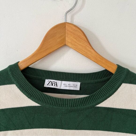 Zara NWOT Green Cream‎ Striped Crop Long Sleeve Crewneck Sweater - Picture 6 of 7